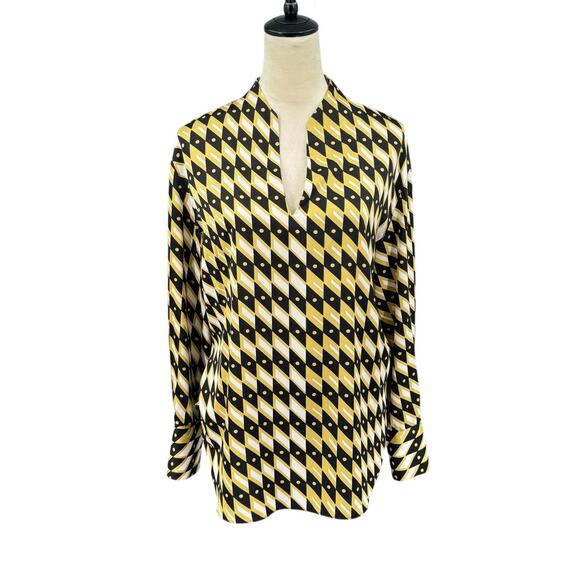 Joie Black & Yellow Geometric Diamond Print Long Sleeve Split V-neck Blouse - Picture 1 of 11